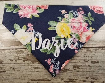 Personalized Dog Bandana Navy Floral, over the collar, slide on, cat bandana, dog scarf, girl dog