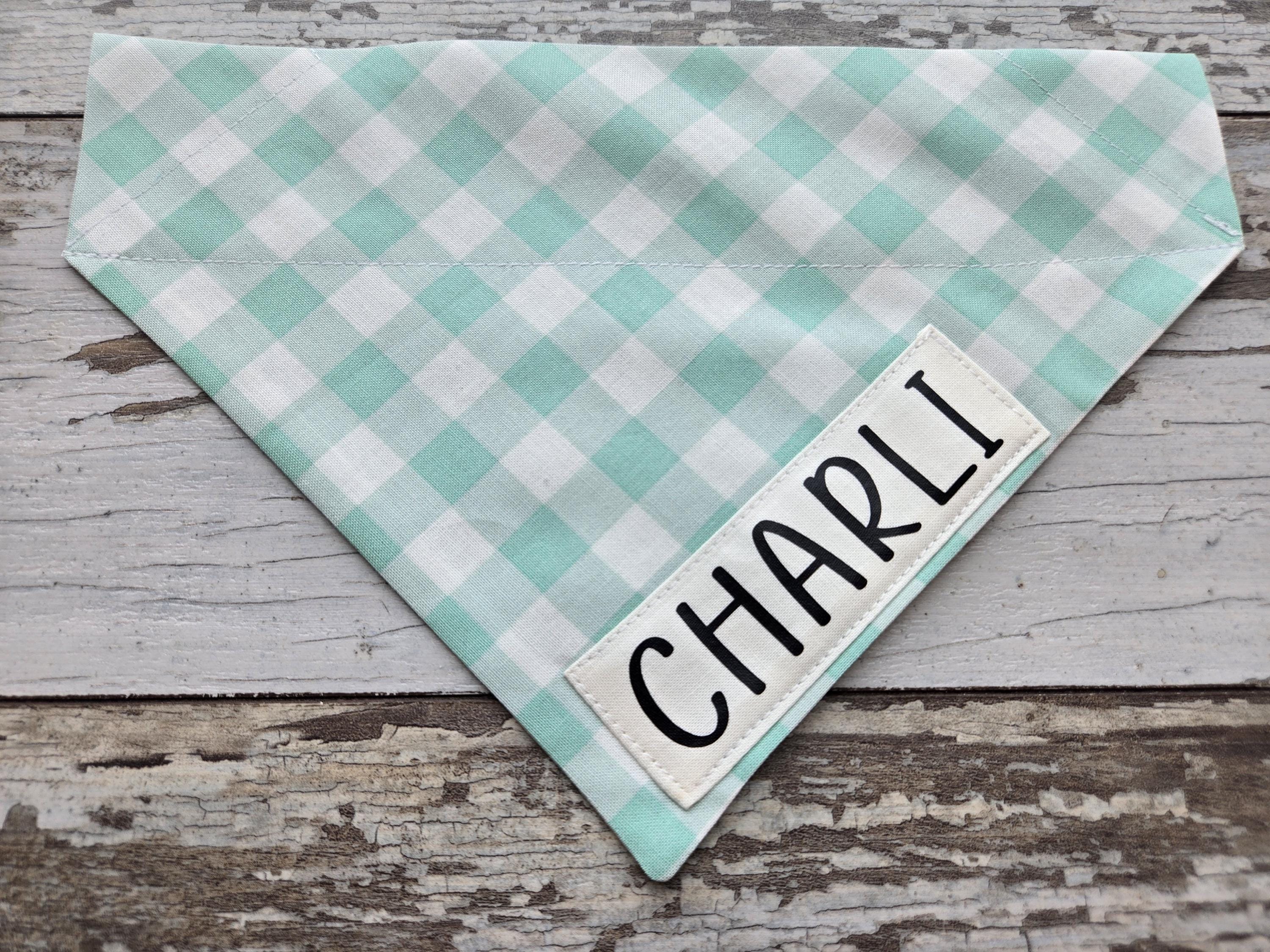 Gingham Dog Bandana with Personalized Name Tag, Slides on over the collar, cat bandana, dog scarf