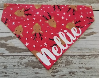 Personalized Red Reindeer Dog Bandana, slide on over the collar, neckerchief, dog scarf, cat bandana