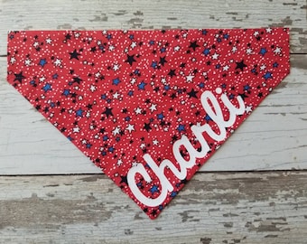 Personalized Patriotic Stars Dog Bandana, over the collar, slide on, Memorial, July 4th, dog scarf, Independence Day, cat bandana, red