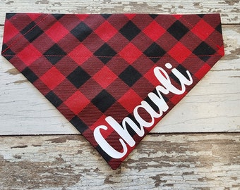 Red Buffalo Check Dog Bandana, Slides on over the collar, personalized, plaid, dog scarf, cat bandana, neckerchief