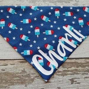 Personalized Patriotic Popsicle Dog Bandana, over the collar, slide on, Memorial, July 4th, dog scarf, Independence Day, cat bandana