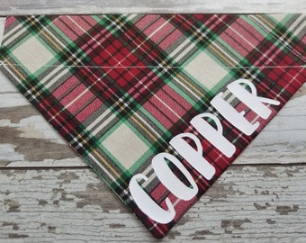 Christmas Plaid Dog Bandana, personalized, winter, cat bandana, slide on, neckerchief, dog scarf, cat cape