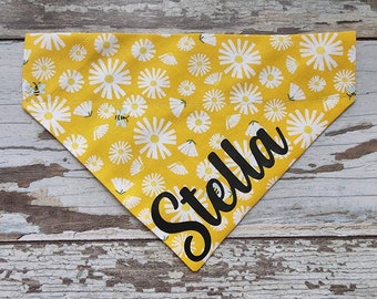 Personalized Yellow Daisies & Bees Dog Bandana, Slide On Over the Collar bandana, dog scarf, cat bandana