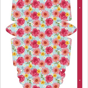 May include: A printable pattern for a no-sew purse with a floral design featuring pink roses and yellow flowers on a light blue background. The pattern includes a strap and the text "Spring Roses No Sew Purse".