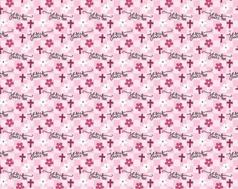 May include: Pink patterned design featuring repeating crosses, flowers, and the phrase "Jesus loves me" in a script font. The background has a checkered pattern. The design is suitable for various craft projects.