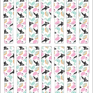 May include: Printable sheet of 10 colourful, patterned paper clips featuring images of inflatable pool floats, including flamingos, doughnuts, and orcas. The text "Floaties Snapclips" appears at the bottom left of the sheet, and "thepolkadottedpeach.com" appears at the bottom right.