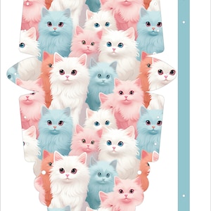 May include: A no-sew purse design featuring a pattern of fluffy, pastel-colored cats. The cats are in shades of white, pink, peach, and blue, with detailed facial features. The design includes a separate light blue strap with three holes for attachment. Text at the top reads "Mixed June Variety 7 No Sew Purse."