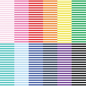 May include: A colorful striped pattern with alternating white and colored stripes. The colors are pink, red, orange, yellow, green, turquoise, light blue, dark blue, navy blue, purple, and black.