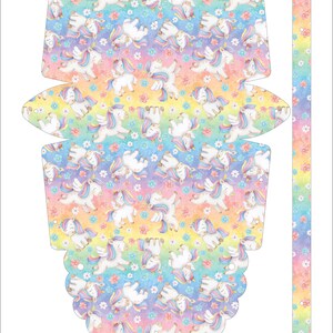 May include: A printable template for a no-sew unicorn purse. The template features a rainbow background with watercolor unicorns and flowers. The template includes a strap for the purse.