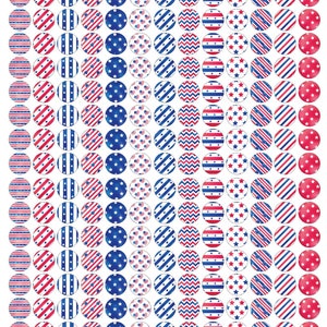 May include: A collection of round stickers with patriotic designs. The stickers feature patterns of red and white stripes, blue stars, and red, white, and blue color schemes. The stickers are arranged in a grid pattern.
