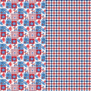 May include: A patriotic design featuring a patchwork pattern with stars, bows, and polka dots in red, white, and blue. The right side has a red and blue plaid pattern. This design is perfect for crafting projects.