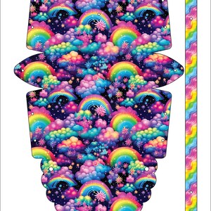 May include: A printable pattern for a no-sew purse featuring a rainbow and cloud design. The pattern includes a colorful strap with a rainbow and cloud design. The text "Neon Rainbows and Clouds No Sew Purse" is at the top of the image. The text "thepolkadottedpeach.com" is at the bottom of the image.