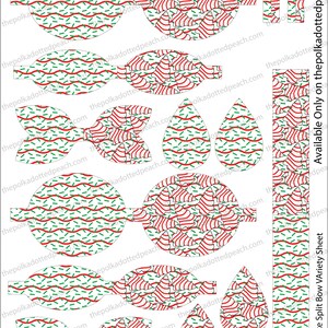 May include: Printable digital paper sheet with a Christmas theme. The sheet includes various shapes and sizes of red and white striped patterns and green and white patterns with red stripes. The sheet is designed for creating hair bows.