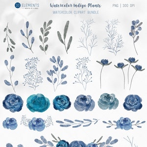 Flores índigo aquarela PNG, conjunto de clipart de folhas azul-marinho, aquarela cinza empoeirada PNG, plantas PNG, buquê de casamento cinza, pintado à mão
