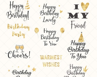 Può includere: Una collezione di auguri di compleanno dorati e neri con testi come "Buon compleanno!" e "Festa di compleanno".