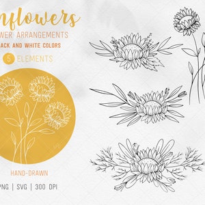 Sunflower Arrangements Line art, Flower Svg, Flower arrangement, Flower Bouquet, Shirt Svg Cut Files, Sunflowers Leaves, Floral Wedding Svg