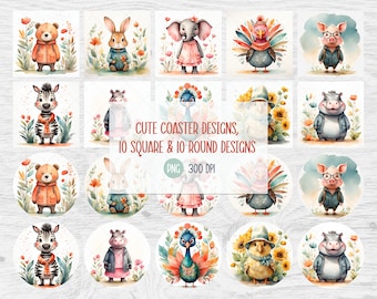 Coaster Bundle Design, Cute Childish Coaster Bundle, Kids Square Coasters, Round Car Coaster Designs, Watercolor Coaster PNG, Office Design