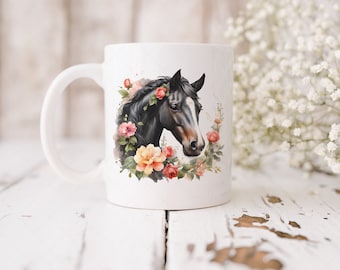 Envoltura para taza con diseño de caballo floral en acuarela, diseño de sublimación para taza con diseño de caballo floral en acuarela, envoltura para taza de café de 325 ml con flores, envoltura para taza de 435 ml con diseño de caballo floral en acuarela PNG