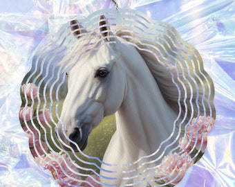 Watercolor Horse Spinner Wrap Design, White Horse Sublimation PNG Design, 10-inch Wind Spinner Design, Summer PNG, Floral Sublimation Design