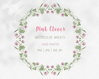 Watercolor Pink Clover Wreath, Spring Floral Frame (PNG & JPEG)