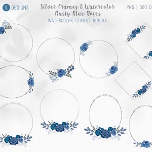 May include: Ten watercolor dusty blue rose floral wreaths and frames with silver outlines. The frames are in various shapes, including circles, ovals, and squares.