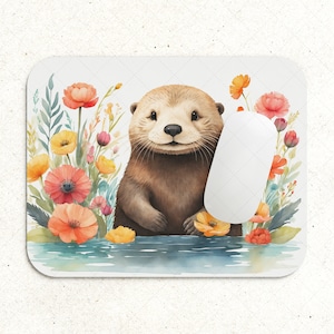 Diseño de alfombrilla de ratón con nutria en acuarela, diseño de nutria floral por sublimación PNG, diseño de nutria por sublimación, diseño de espacio de trabajo y oficina, diseño de alfombrilla de ratón para niños
