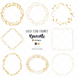 May include: A set of eight gold star frames in various shapes, including circles, squares, and diamonds. The frames are made of gold foil and are perfect for adding a touch of sparkle to your projects.