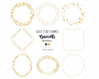 May include: A set of eight gold star frames in various shapes, including circles, squares, and diamonds. The frames are made of gold foil and are ideal for adding a touch of sparkle to your projects.