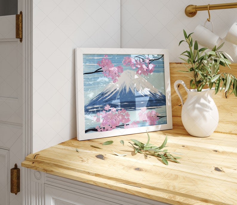Japan Sakura Tree Blossom and Fuji Oil Painting Art, Landscape Mountain Printable Art, Spring Cherry Blossom, Grange Home Decor, Wall Art image 8