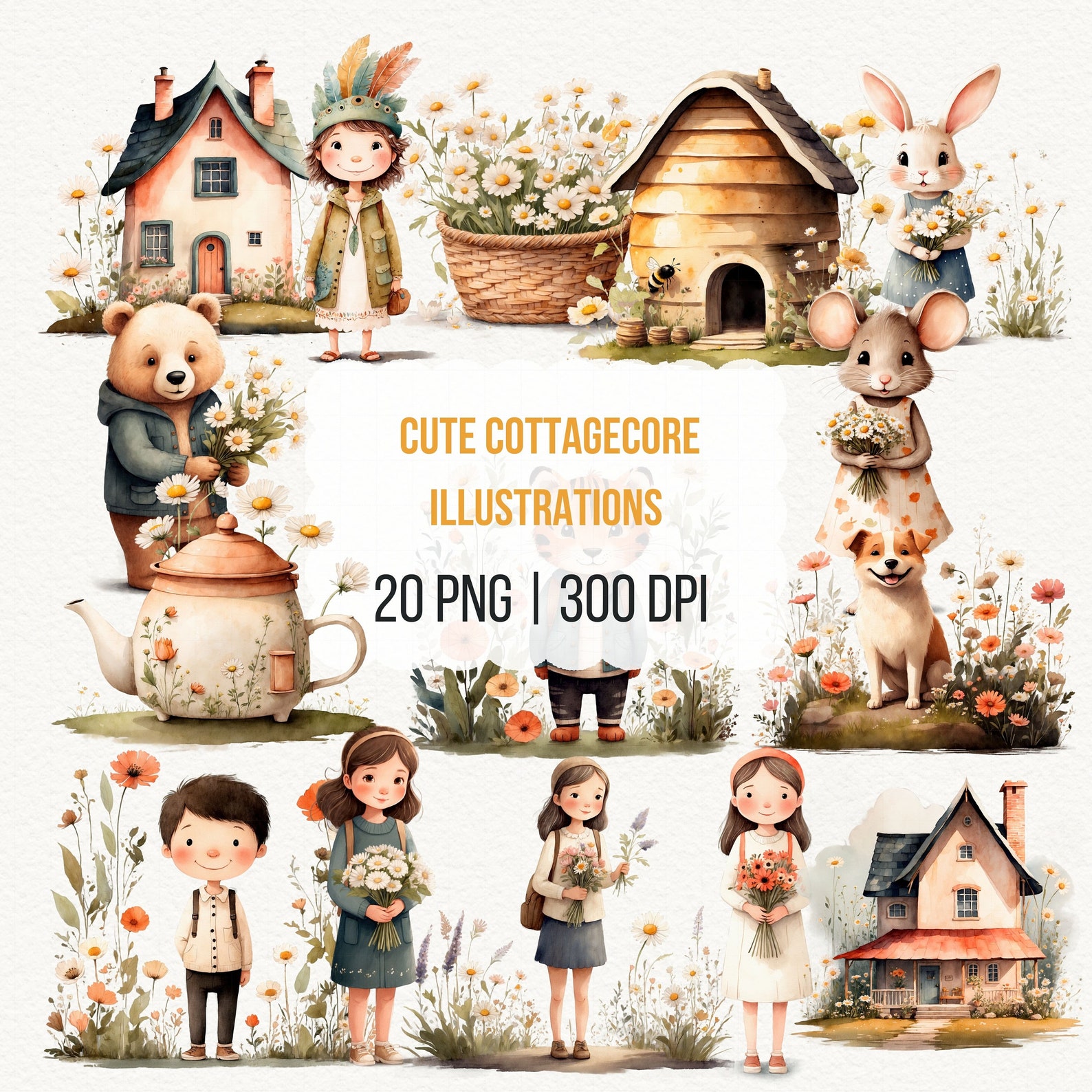 Cottagecore Boho Llustrations Bundle, Watercolor Cartoon 20 PNG, Girls ...