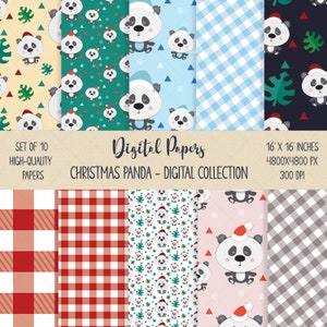 May include: A collection of ten digital papers with Christmas panda designs. The papers feature patterns of pandas wearing Santa hats, snowflakes, and geometric shapes in various colors, including red, green, and blue. The text reads "Digital Papers Christmas Panda - Digital Collection". Each paper is 16 x 16 inches.