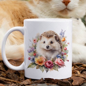 Envoltura para taza con diseño de erizo de acuarela, diseño de sublimación para taza con diseño floral de acuarela, envoltura para taza de café de 11 oz con diseño de flores, envoltura para taza de 15 oz con diseño de erizo de acuarela PNG