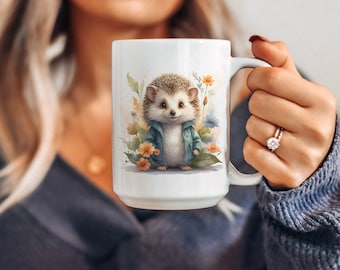 Cute Hedgehog Mug Wrap, Watercolor Floral Mug Sublimation Design, Flowers 11oz Coffee Cup Wrap, Watercolor Hedgehog 15oz Mug Wrap PNG