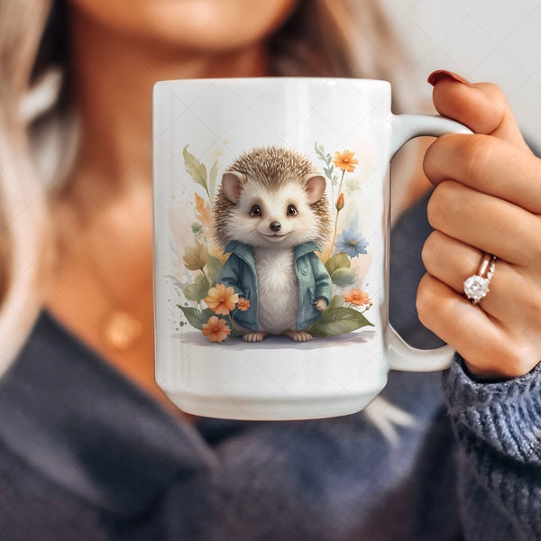 Cute Hedgehog Mug Wrap, Watercolor Floral Mug Sublimation Design, Flowers 11oz Coffee Cup Wrap, Watercolor Hedgehog 15oz Mug Wrap PNG