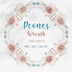 Elegante corona de peonías de acuarela, sublimación PNG, clipart de corona floral, clipart de planta, pegatinas de planificador, descarga instantánea, uso comercial