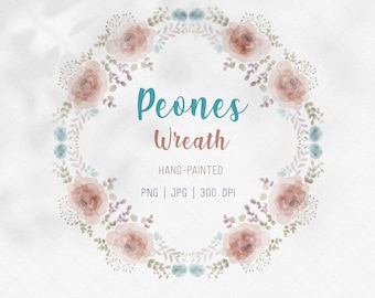 Watercolor Peonies Wreath Clipart, Floral Design (PNG & JPEG)