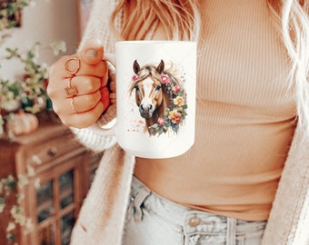 Watercolor Horse Floral Mug Wrap: 11oz 15oz Coffee Cup (PNG Digital Download)