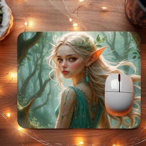 Alfombrilla de ratón de elfo de fantasía, diseño PNG / Descarga digital / Arte de elfo místico para sublimación / Decoración de escritorio encantada / Alfombrilla de ratón imprimible