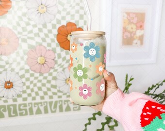 Envoltura de flores retro SVG para lata de vidrio Libbey de 16 oz, flores retro SVG para lata de vidrio, archivo de corte SVG para vidrio Libbey, taza de café SVG, envoltura de vidrio Libbey