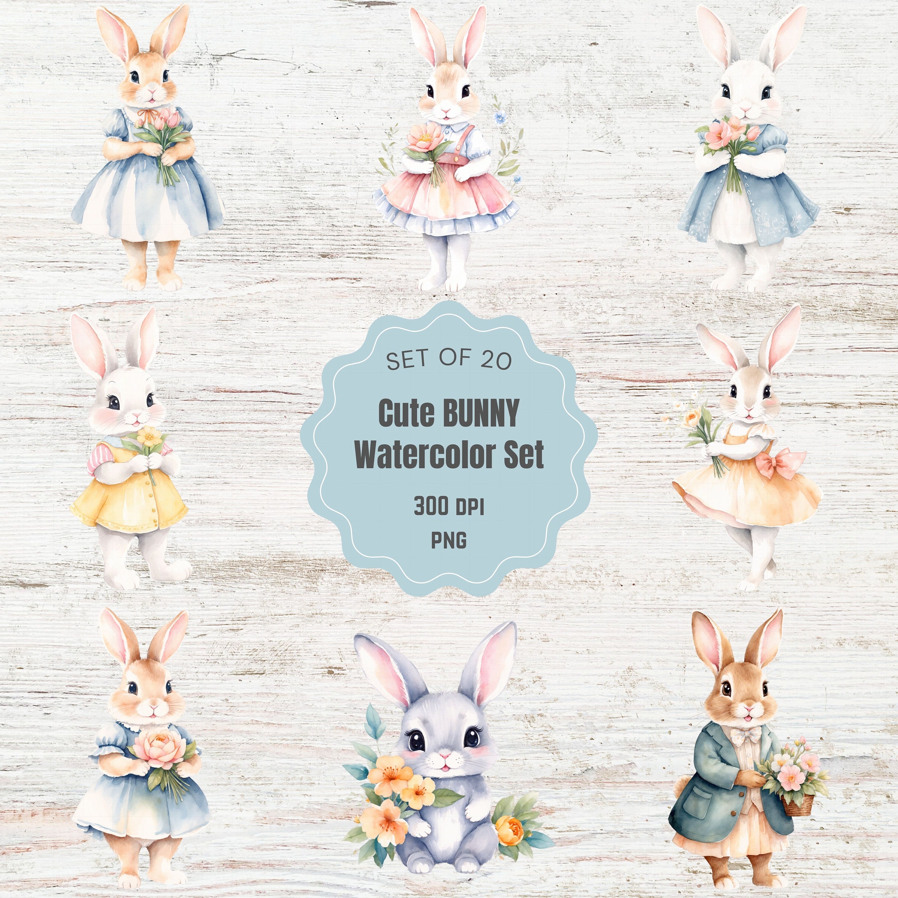 Bunny PNG Clipart Bundle, Watercolor Rabbit Illustration Set, Cartoon ...