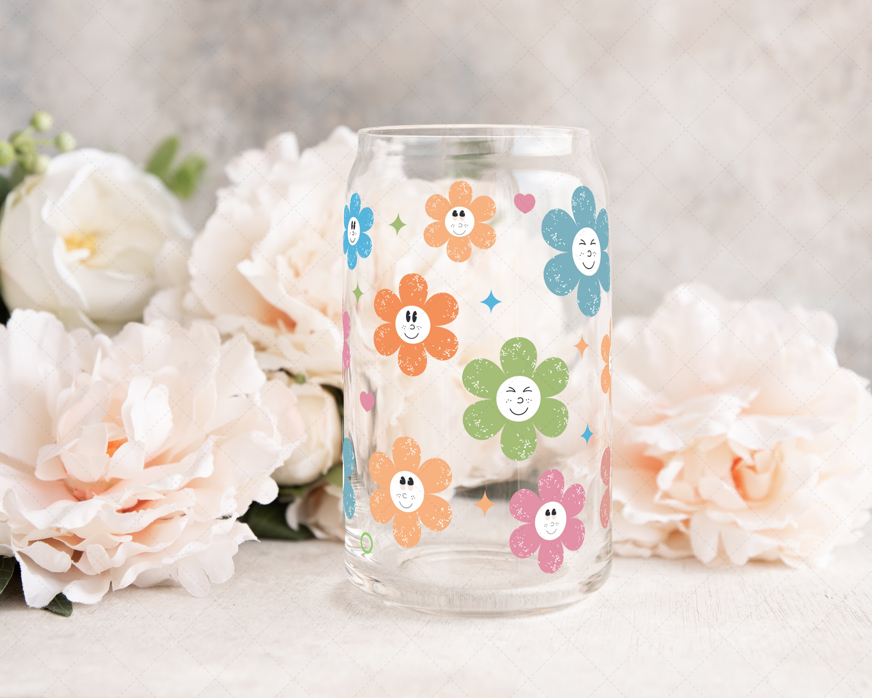 Retro Flowers Wrap SVG for Libbey Can Glass 16oz, Retro Flowers Can ...
