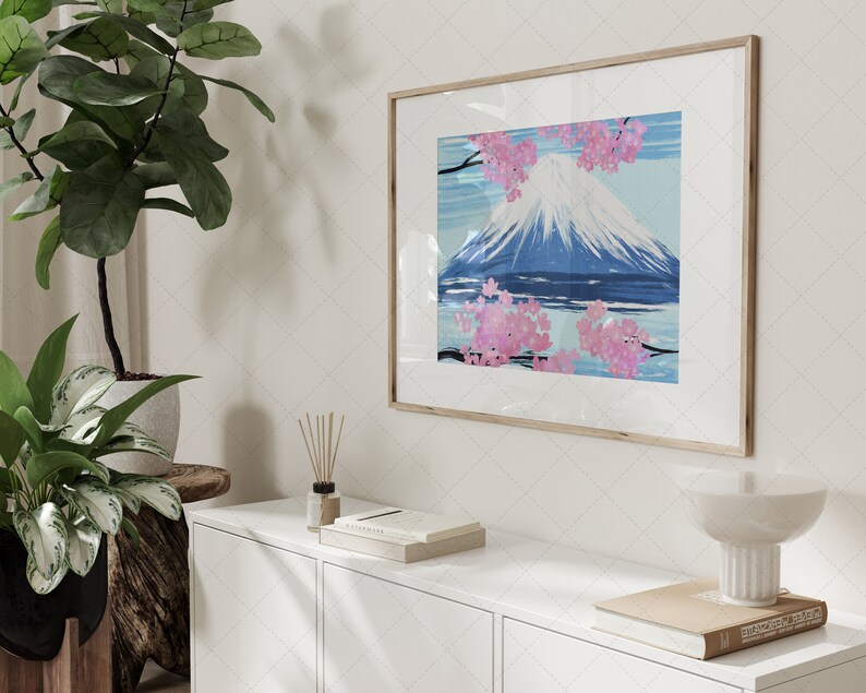 Japan Sakura Tree Blossom and Fuji Oil Painting Art, Landscape Mountain Printable Art, Spring Cherry Blossom, Grange Home Decor, Wall Art image 10