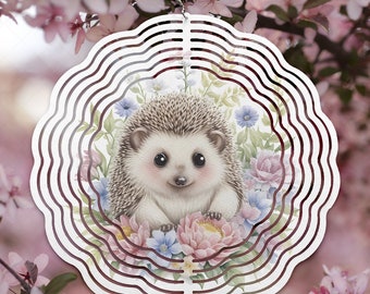 Hedgehog Wind Spinner, Floral Sublimation Design, Floral 10 inch Spinner PNG Design, Watercolor Wind Spinner Wrap, Floral PNG Wrap