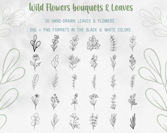 SVG Wild Flowers bouquets & Leaves in the Black and White colors, Shirt Cut Files, Botanical Line Art Bundle, Hand-Painted, Commercial use