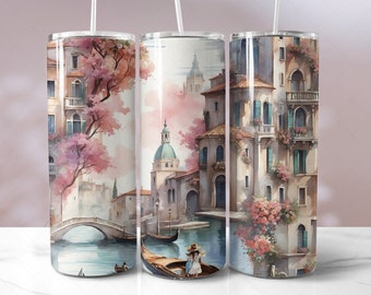 Watercolor Venice 20oz Skinny Tumbler, Watercolor Summer Straight Tumbler Wrap, Floral PNG, Sublimation PNG, Paradise Wrap Tapered Design