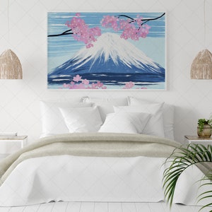 Japan Sakura Tree Blossom and Fuji Oil Painting Art, Landscape Mountain Printable Art, Spring Cherry Blossom, Grange Home Decor, Wall Art image 9