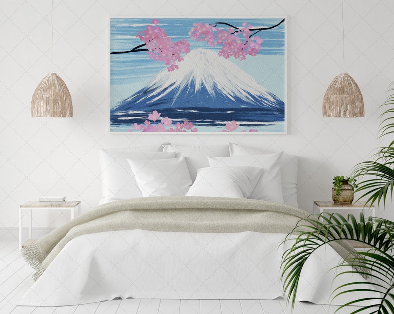 Japan Sakura Tree Blossom and Fuji Oil Painting Art, Landscape Mountain Printable Art, Spring Cherry Blossom, Grange Home Decor, Wall Art image 9