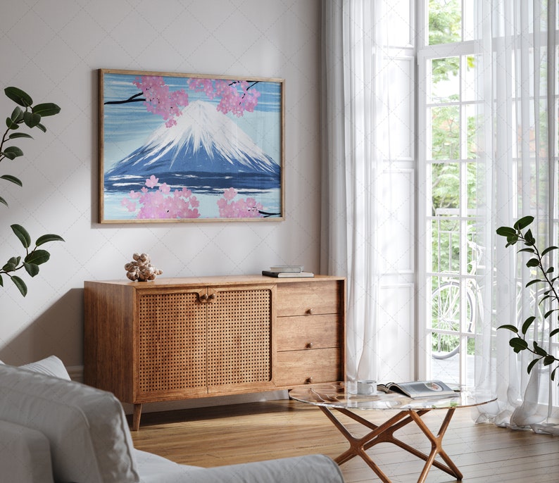 Japan Sakura Tree Blossom and Fuji Oil Painting Art, Landscape Mountain Printable Art, Spring Cherry Blossom, Grange Home Decor, Wall Art image 6
