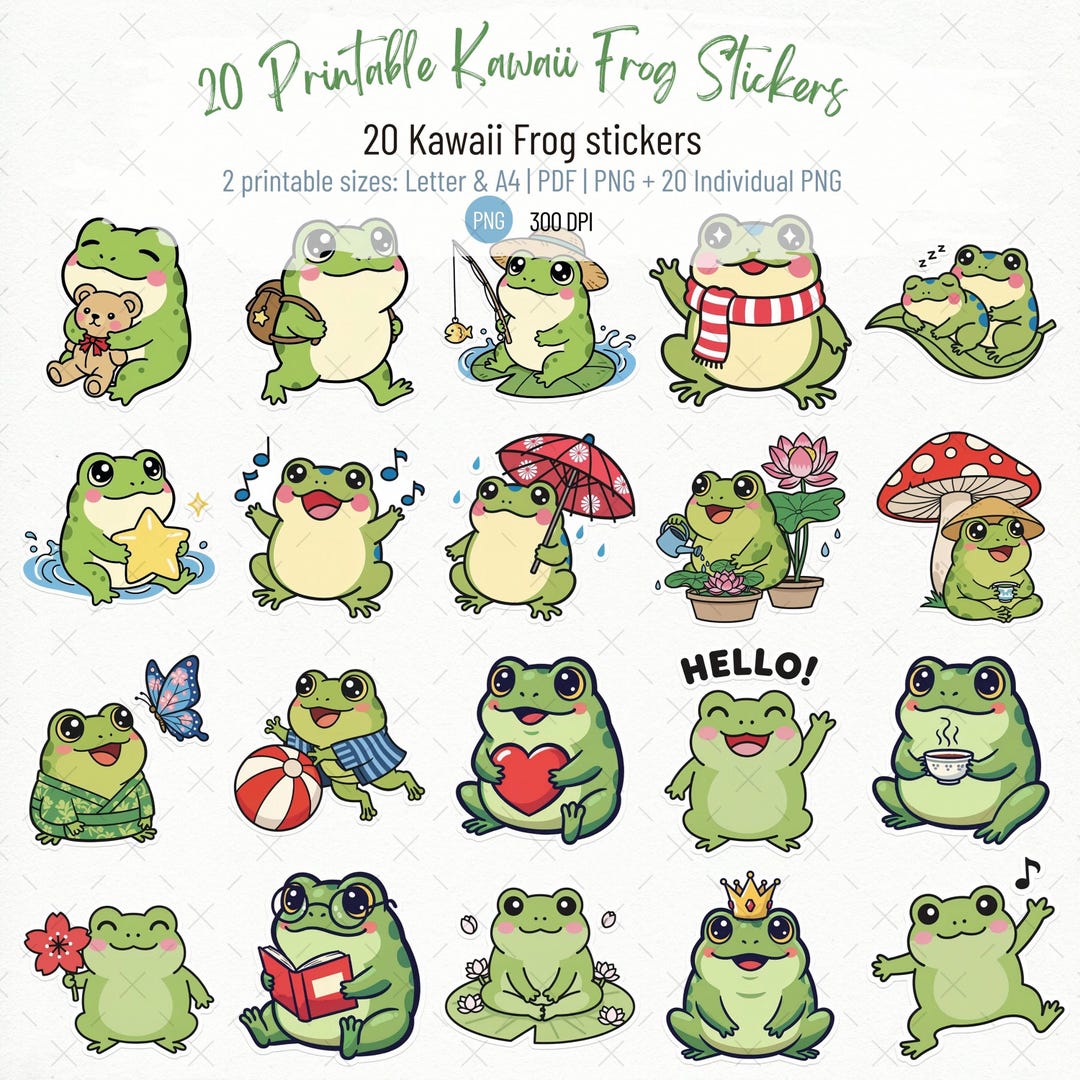 Kawaii Frog Stickers Pack | Cute Frog Activities Stickers | Printable ...